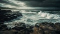 Dramatic sky over horizon, crashing waves on rocky coastline generated by AI Royalty Free Stock Photo