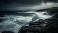 Dramatic sky over horizon, crashing waves on rough coastline generated by AI