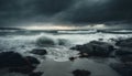 Dramatic sky over horizon, waves breaking on rocky coastline generated by AI Royalty Free Stock Photo