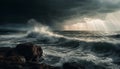 Dramatic sky over horizon, waves crashing on rocky coastline generated by AI Royalty Free Stock Photo