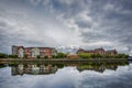 Dramatic sky over modern architecture along river Lagan in Belfast, Northern Ireland Royalty Free Stock Photo