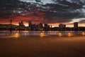 Dramatic sky over Portland, Oregon city skyline panorama with Hawthorne bridge. Royalty Free Stock Photo