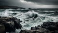 Dramatic sky over rough seascape, crashing waves on wet rocks generated by AI