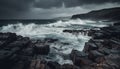 Dramatic sky over rough seascape, horizon awash with spray generated by AI