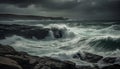 Dramatic sky over rough seascape, waves crashing against rocky coastline generated by AI Royalty Free Stock Photo