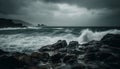 Dramatic sky over rough waters, breaking waves crash against cliffs