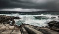 Dramatic sky over rough waters, crashing waves spray foam generated by AI