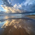 Dramatic Sky Reflection on Wet Beach Sand at Sunset Royalty Free Stock Photo