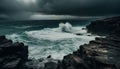Dramatic sky, rough surf, crashing waves at dusk generated by AI