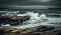 Dramatic sky, rough surf, stone cliff awe generated by AI