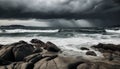 Dramatic sky, rough surf, wet stone, beauty generated by AI