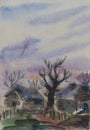 Dramatic sky in rural landscape with trees and buildings primitive watercolor art