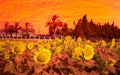 A dramatic sky seemingly made of fire over a beautiful field of sunflowers. Royalty Free Stock Photo