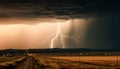 Dramatic sky sparks electricity, danger in stormy rural landscape generated by AI