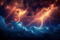 Dramatic sky with stormy clouds features powerful lightning bolt illuminated in orange light. Dark and ominous thunderstorm Royalty Free Stock Photo