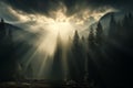 Sunrays piercing through clouds over forest. Royalty Free Stock Photo