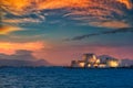 Dramatic sky sunset over the castle Bourtzi in Nafplio, Greece Royalty Free Stock Photo