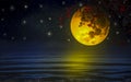 Dramatic Sky, a super-yellow moon with branches and red flowers across Floating above sea