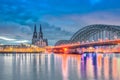 Dramatic skyline by Rhine River in Cologne, Germany