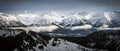 Dramatic snow covered mountains. Amazing Panoramic snowy winter landscape in Alps at sunrise morning. Allgau Alps