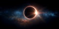 A dramatic solar eclipse with cosmic background and bright light flare in the dark sky view Royalty Free Stock Photo