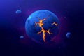 Dramatic Space Scene Featuring a Fracturing Planet with Fiery Cracks and Orbiting Satellite in Chaos Royalty Free Stock Photo