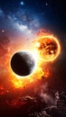 Dramatic Space Scene Featuring Planet, Sun, Asteroids and Burning Nebula Royalty Free Stock Photo