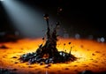 Dramatic splash of viscous black liquid on a shimmering molten orange surface under spotlight Royalty Free Stock Photo