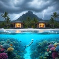 Split View of Luxury Beachfront Villas during Storm with Woman Freediving Undersea Royalty Free Stock Photo