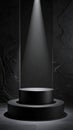 Dramatic Spotlight Illuminating Black Pedestal Platform Against Textured Stone Wall Royalty Free Stock Photo