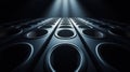 Dramatic spotlight over rows of sleek black speakers in a dark room with intense lighting creating dynamic shadows and patterns