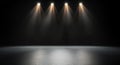 A dramatic spotlight setting with four beams of light illuminating a clean reflective surface Ideal for backgrounds in Royalty Free Stock Photo