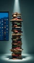 Dramatic Spotlight on Tall Stack of Vintage Books by City Window at Night Royalty Free Stock Photo