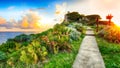 Dramatic spring sunrise on the the cape Milazzo panorama of nature reserve Piscina di Vener