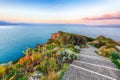 Dramatic spring sunrise on the the cape Milazzo panorama of nature reserve Piscina di Vener