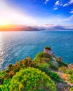 Dramatic spring sunset on the the cape Milazzo panorama of nature reserve Piscina di Venere Royalty Free Stock Photo