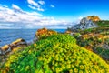 Dramatic spring sunset on the the cape Milazzo panorama of nature reserve Piscina di Venere Royalty Free Stock Photo