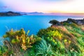 Dramatic spring sunset on the the cape Milazzo panorama of nature reserve Piscina di Venere