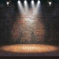 Dramatic stage lighting against brick wall and wooden floor backdrop