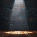 Dramatic stage lighting against brick wall and wooden floor backdrop