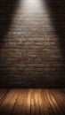 Dramatic stage lighting against brick wall and wooden floor backdrop