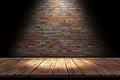 Dramatic stage lighting against brick wall and wooden floor backdrop