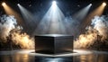 Dramatic Stage Lighting Illuminates a Black Box Surrounded by Smoke and Spotlights image Royalty Free Stock Photo