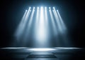 Dramatic stage spotlights illuminate a smoky, empty performance space with checkered floor Royalty Free Stock Photo