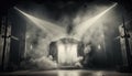 Dramatic stage with spotlights and smoke. Empty interior with shining lights and mist. Abstract background.