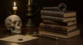 Skull books and candlelight mystery on dark desk Royalty Free Stock Photo