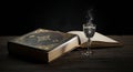 Occult spellbook and mysterious steaming potion Royalty Free Stock Photo