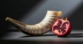 Dramatic still life of Shofar and ruby pomegranate Royalty Free Stock Photo