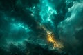 Dramatic Storm Clouds with Ethereal Lighting in Turquoise and Gold Hues A Majestic Display of Nature\'s Fury and Beauty