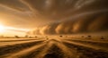 Dramatic storm clouds gather over savanna landscape with wind blowing dust at sunset Royalty Free Stock Photo